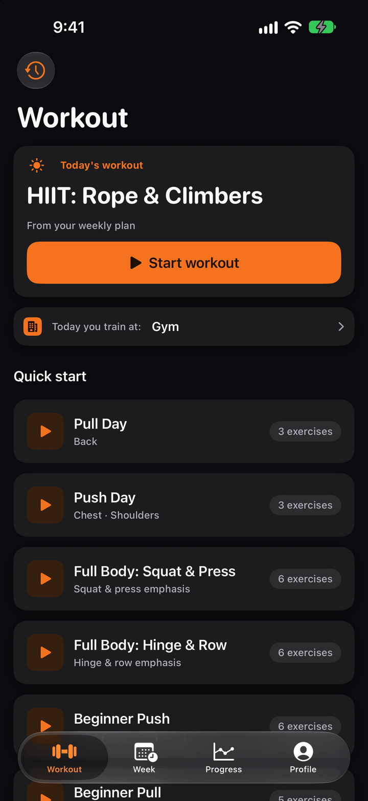 Brawnly “Today” screen with the next workout and weekly overview