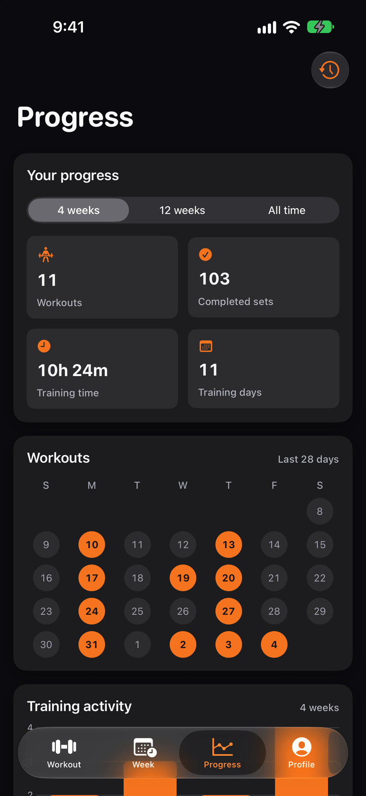 Brawnly progress screen with training calendar